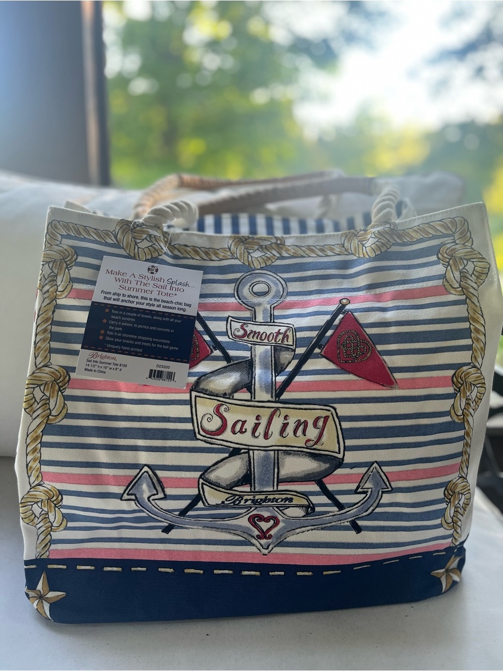 Nautical Stripe BRIGHTON Tote Bag - RED WHITE and BLUE with pink stripes